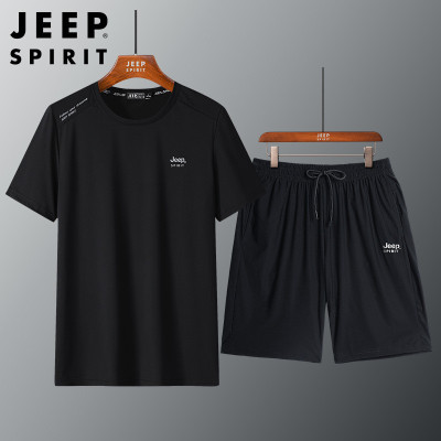 JEEP SPIRIT夏季凉爽短袖冰丝套装五分裤T恤宽松运动户外潮
