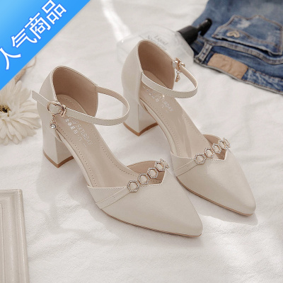 SUNTEK包头凉鞋女2023年夏季新款百搭一字式扣带中空单鞋尖头粗跟高跟鞋