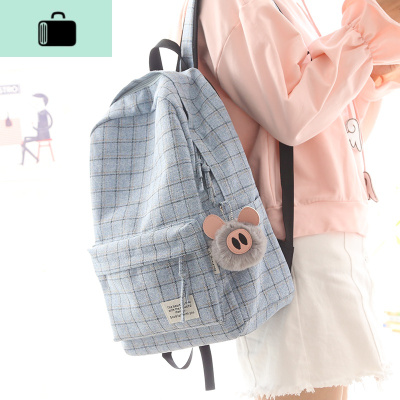 NR时尚棉麻格子双肩包女2019新款书包女韩版高中生大容量双肩背包NEW LAKE