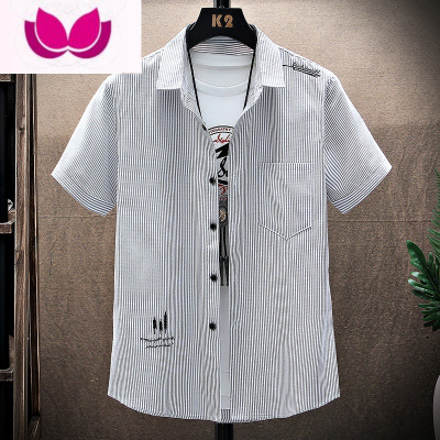 七斓2023新款夏季韩版潮流青年条纹休闲衬衣男士上衣服帅气短袖衬衫男