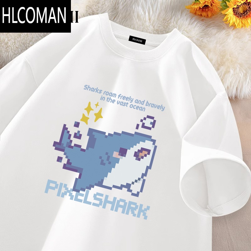 HLCOMAN像素风小鲨鱼短袖男t恤2025新款卡通青少年白色宽松半袖