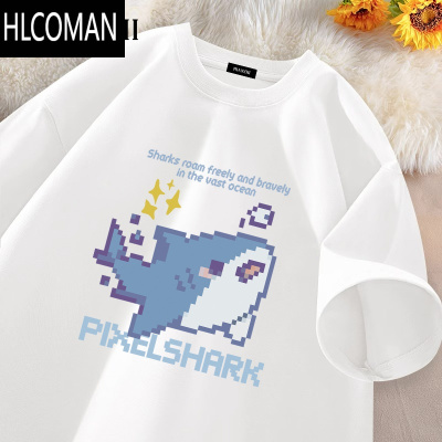 HLCOMAN像素风小鲨鱼短袖男t恤2025新款卡通青少年白色宽松半袖