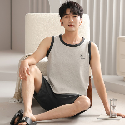 睡衣男士夏季纯棉薄款无袖背心短裤加大码宽松休闲家居服套装_1