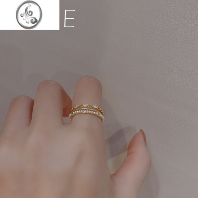 JiMi[SIYUE]法式浪漫多层镶钻小众设计感珍珠戒指可调节食指戒新款