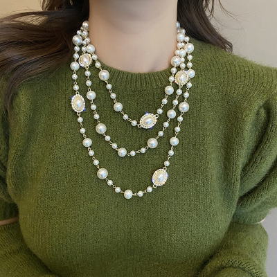 珍珠毛衣链大气高档秋冬项链长款多层叠戴法式赫本风小众设计配饰送女朋友老婆情人节七夕生日礼物