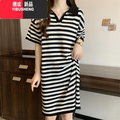 YIBUSHENG大码复古条纹polo连衣裙女季微胖休闲裙子胖mm遮肚子显瘦t恤裙