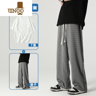 YANXU裤子男夏季垂感宽松阔腿裤美式复古格子裤直筒运动裤hiphop休闲裤