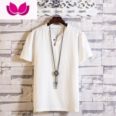 七斓夏季休闲亚麻短袖衬衫男士无领套头棉麻衬衣透气薄款麻布半袖上衣