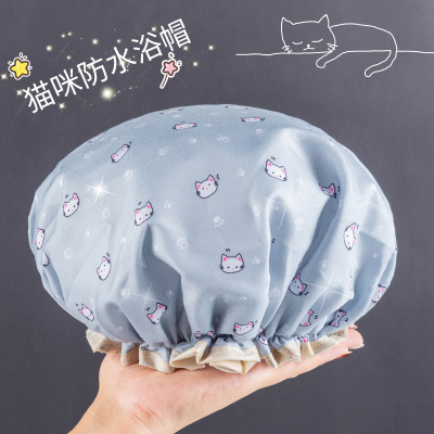 [补贴10%]双层浴帽女防水洗澡家用防油烟头套女童干发膜专用沐浴帽2024新款 [单独一个 无赠品]喵咪蓝
