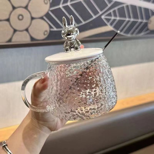 [补贴10%]日式玻璃杯网红水杯带把手茶杯早餐学生女咖啡牛奶杯子便携 小熊杯1套杯子+盖勺 均码