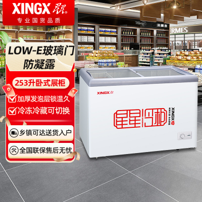 星星SD/SC-253B 253升展示柜商用冷藏冷冻单温转换卧式冰柜 超市便利店雪糕海鲜丸子速冻冷柜平面玻璃冷冻展示柜