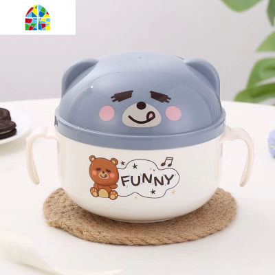 [双柄]学生泡面碗宿舍带碗盖不锈钢大容量吃饭碗家用防烫 FENGHOU [浅灰色-双耳柄+餐具]-萌熊