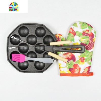 新款铸铁章鱼小丸子机家用烤盘平底锅不粘锅烧鹌鹑蛋模具烧烤 FENGHOU 新款14孔锅+钢叉+小刷子