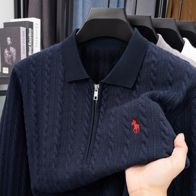 百搭纯色拉链开衫男针织衫秋冬季新款修身毛衣外套男翻领半高外搭