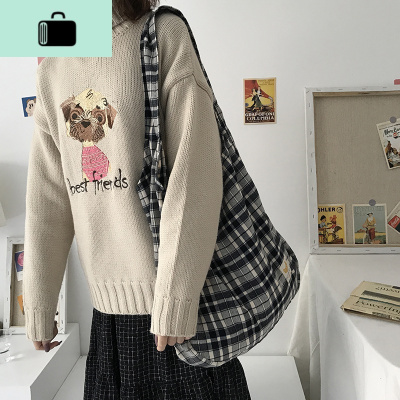 唐糖包袋/日系格子大帆布包立体感单肩手拎布袋 学生大容量包包女NEW LAKE 黑格子宽肩带单肩包女士单肩包