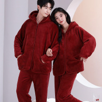 情侣睡衣秋冬季珊瑚绒本命年喜庆结婚大红色一男士一女家居服套装_891