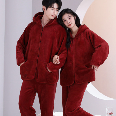 情侣睡衣秋冬季珊瑚绒本命年喜庆结婚大红色一男士一女家居服套装