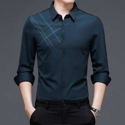 春秋款长袖衬衫男中年爸爸装合体衬衣休闲商务印花条纹衬衫