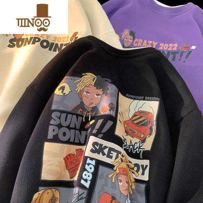 YANXU美式黑色套头卫衣男潮牌无帽圆领欧美hiphop情侣厚外套