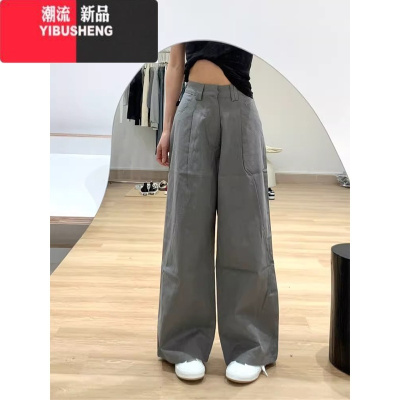 YIBUSHENG灰色阔腿西装裤女季新款设计感高腰宽松显瘦百搭直筒拖地休闲裤