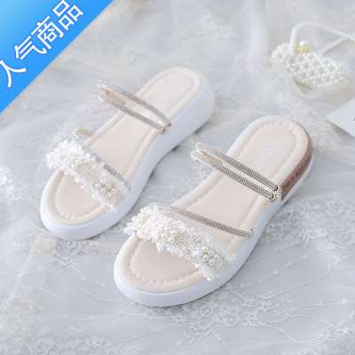 SUNTEK2023夏季新款红青蜓两穿凉鞋女平底水钻一字带凉拖外穿淑女鞋