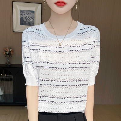 镂空冰丝短袖女针织衫T恤夏季新款百搭时尚气质圆领撞色上衣