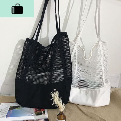 网眼镂空手提袋单肩帆布拼接网格网纱包大容量女购物袋网兜沙滩包NEW LAKE女士单肩包