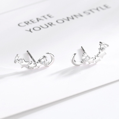 s925森系纯银星月镶钻小耳钉女韩版简约可爱甜美风时尚创意耳饰送女朋友老婆情人节七夕生日礼物
