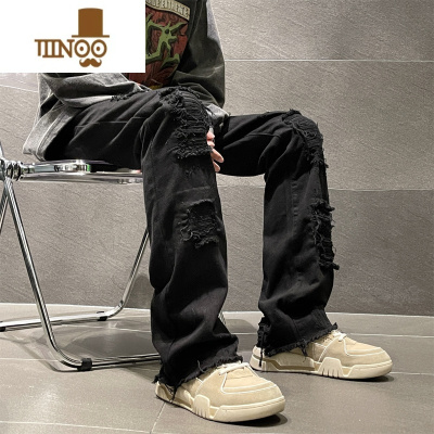 YANXU欧美高街vibe裤子美式街头纯黑色牛仔裤男款假破洞毛边长裤