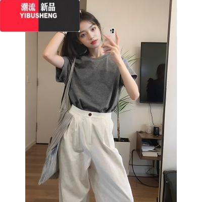 YIBUSHENG灰色圆领正肩短袖t恤女季高级感大码宽松显瘦半袖上衣体恤