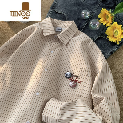 YANXU条纹衬衫男秋季日系复古宽松百搭长袖衬衣潮流百搭青少年休闲外套