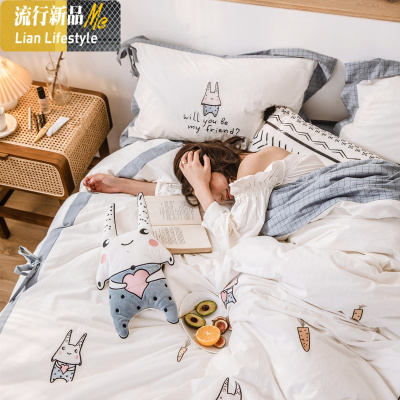 卡通刺绣棉水洗棉四件套 少女心公主风花边蝴蝶结被套床单床笠 三维工匠