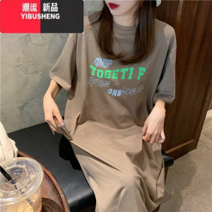 YIBUSHENGT恤连衣裙女长款季2024新款慵懒风宽松休闲直筒长裙子到脚踝