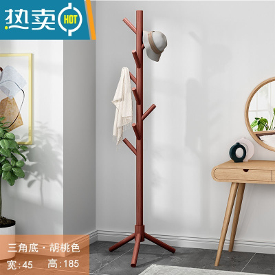 敬平衣帽架卧室落地立式家用网红衣服架子宿舍简易挂钩房间置物晾衣架 三角圆柱-胡桃色[覆膜-8枝杈]