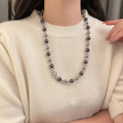 高级感麻灰混色珍珠项链女轻奢小众颈链新款毛衣链复古气质锁骨链送女朋友老婆情人节七夕生日礼物