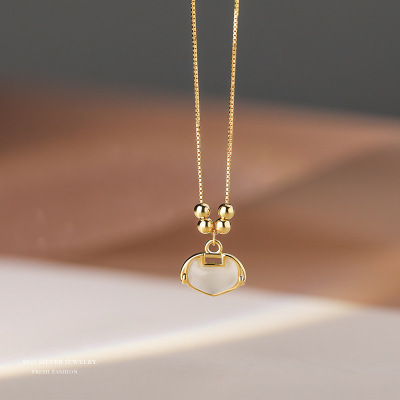 925纯银吉祥项链女如意锁简约复古猫眼石长命锁圆珠母亲节锁骨链送女朋友老婆情人节七夕生日礼物