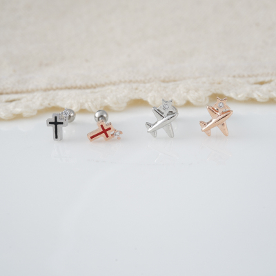 韩国耳钉十字架小飞机镶钻甜美耳骨钉旋转拧堵送女朋友老婆情人节七夕生日礼物