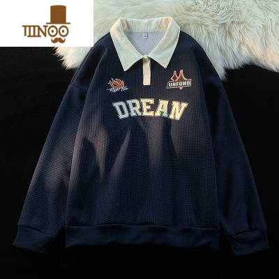 YANXU翻领卫衣男士日系复古潮牌休闲学生长袖字母印花宽松上衣服