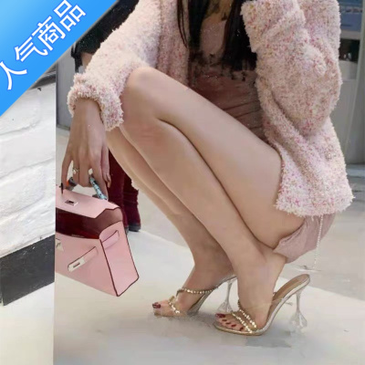 SUNTEK上脚好好看!!水钻透明高跟凉鞋女夏一字带方头性感细跟水晶拖鞋
