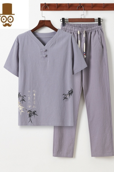 YANXU爸爸棉麻套装男装中年休闲短袖T恤夏季中老年人爷爷亚服夏装