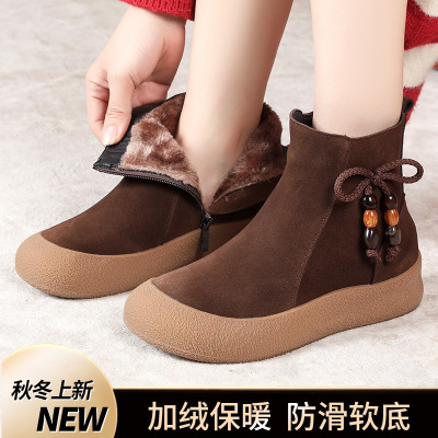 侧拉链短靴秋冬新款英伦风磨砂皮圆头复古厚底套短靴雪地靴女