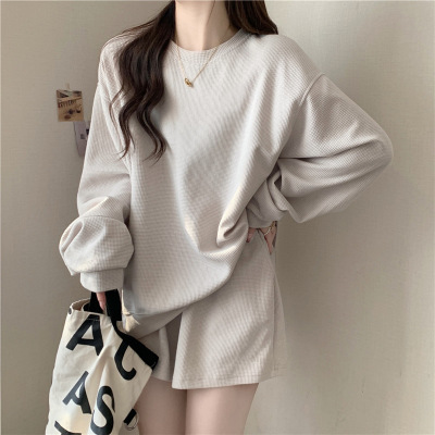 华夫格长袖T恤卫衣+三分裤短裤子两件套女圆领打底衫女士休闲套装_114