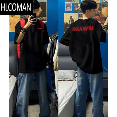 HLCOMAN美式高街红色字母短袖T恤男夏季嘻哈百搭宽松设计感小领口ins上衣