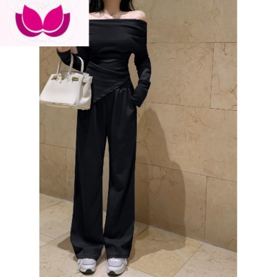 七斓活泼减龄套装女装夏季新款时尚气质一字肩上衣高腰休闲阔腿裤