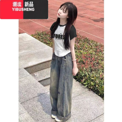 YIBUSHENG2024新款季不规则辣妹t恤女短袖修身拼接撞色显瘦插肩短款上衣