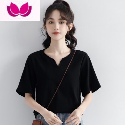七斓2023夏季新款黑色短袖T恤女夏V领显瘦体恤简约百搭五分袖上衣