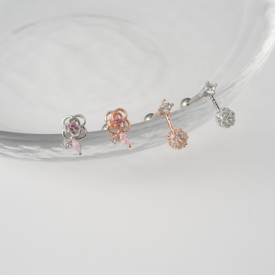 韩国进口耳环精致花朵镶钻球小耳骨钉粗针旋转圆球堵拧送女朋友老婆情人节七夕生日礼物