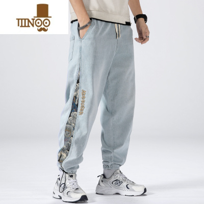 YANXU牛仔裤男复古拼接小熊设计感高街夏季工装裤子潮牌薄款九分束脚裤