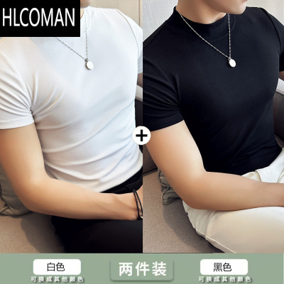 HLCOMAN男士短袖T恤休闲紧身潮流修身半高领打底衫韩版弹力中领半袖