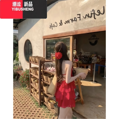YIBUSHENG[红白玫瑰~]季纯欲风辣妹少女感不规则挂脖露背吊带连衣裙女